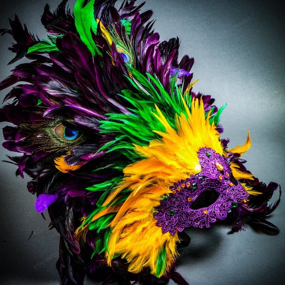 Women Mardi Gras Carnival Masquerade Large Top Feather Party Eye Mask - Picture 4 of 7